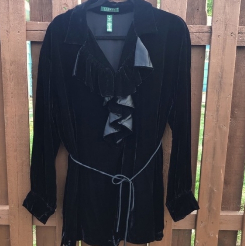 RALPH LAUREN VELVET RUFFLE FRONT WATERFALL BELTED TUNIC TOP size 2X